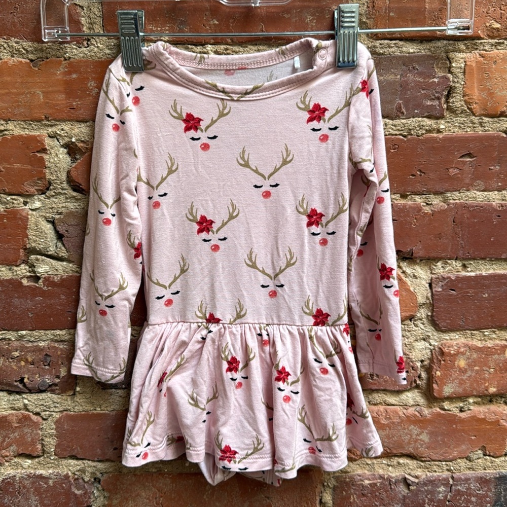 Posh Peanut long sleeve twirl skirt bodysuit, pink reindeer, 6-12 months